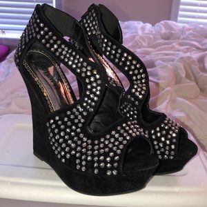 Silver studded black suede wedges